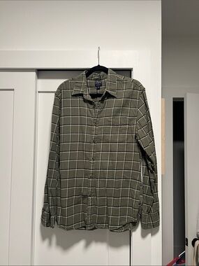 J. Crew Olive Green Windowpane Cotton Button-Down Flannel Shirt